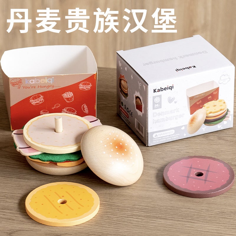 Wooden Burger Fries Sandwich Set Column Building Blocks Creative Shape Matching Simulation Kitchen Cutting Toys - Image 3
